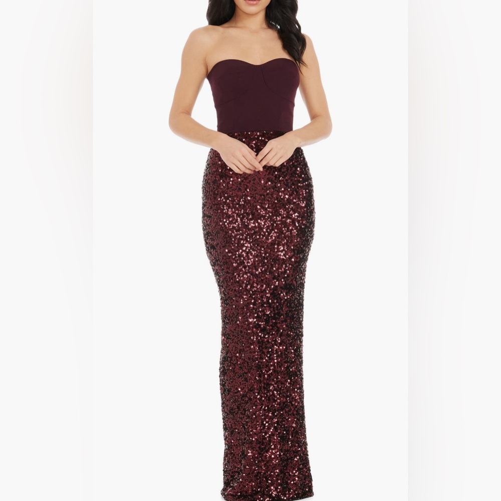 Dress the Population Strapless burgundy formal dress